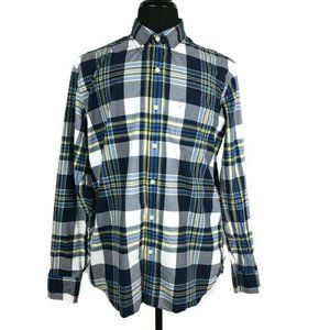 Tailored By J Crew Woven Plaid Shirt Mens Large Blue Yellow Lightweight Cotton
